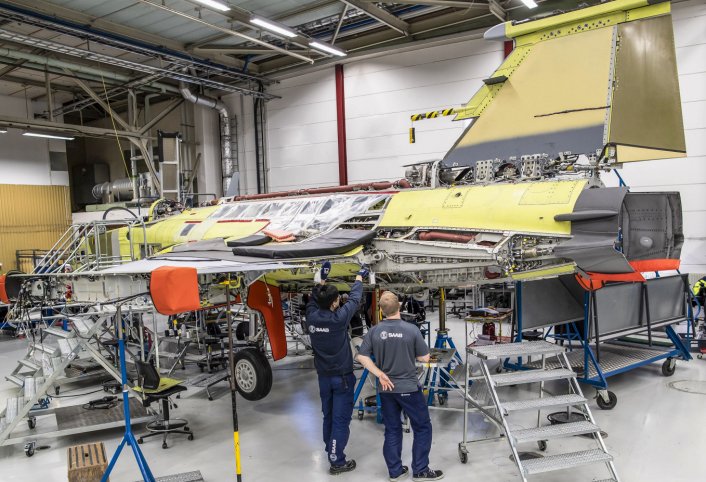 The first Saab Gripen E for Brazil, pictured in final assembly. (Saab)