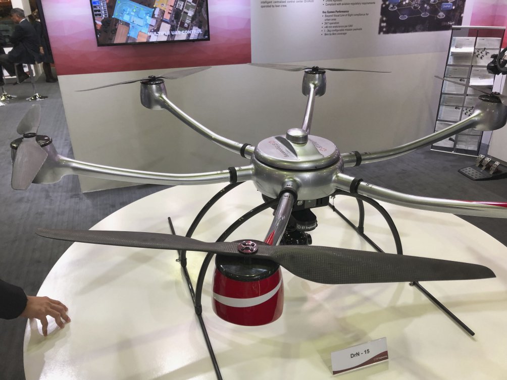 ST Engineering’s hexacopter DrN-15 UAV on display at the 2019 LAAD Defence and Security exposition (IHS Markit/Pat Host)