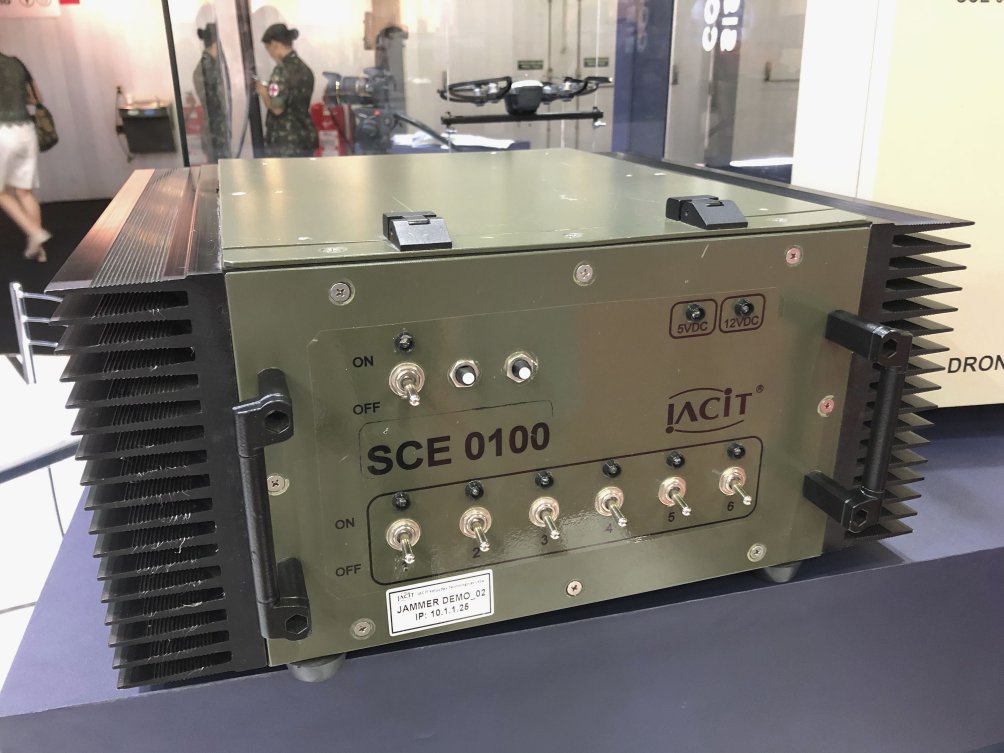 The military version of IACIT's DroneBlocker small to medium-sized UAV jammer on display at the 2019 LAAD Defence and Security exposition in Rio de Janiero. (IHS Markit/Pat Host)