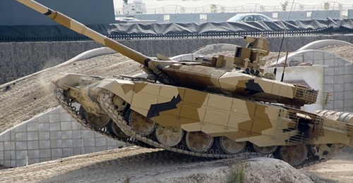 A T-90MS MBT demonstrates its mobility. India's CCS approved in early April the procurement of 464 of these tanks for the Indian Army.