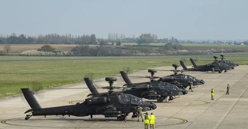 The five Apaches at their home base in Wattisham shortly before departing for Estonia. They are joined in their deployment by four Lynx Wildcats.