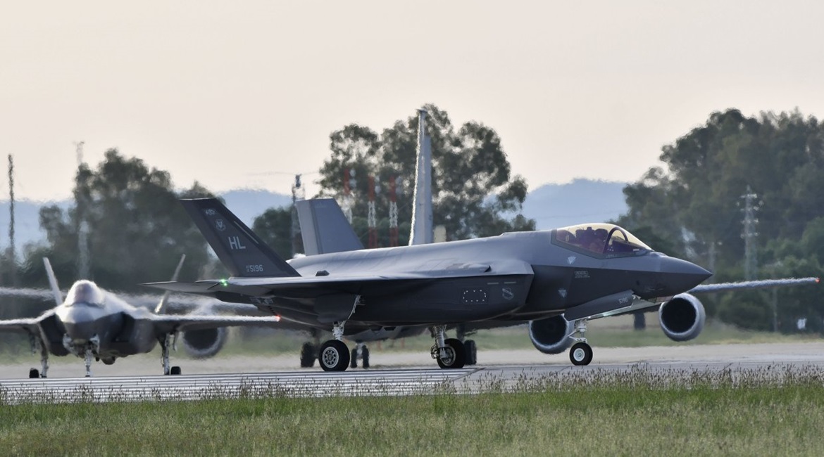 US Air Force Lockheed Martin F-35A Lightning II Joint Strike Fighters and their supporting Boeing KC-135 Stratotanker transit through Spain en route to their first Middle East deployment.