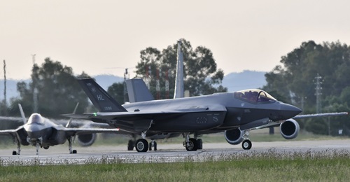 US Air Force Lockheed Martin F-35A Lightning II Joint Strike Fighters and their supporting Boeing KC-135 Stratotanker transit through Spain en route to their first Middle East deployment.