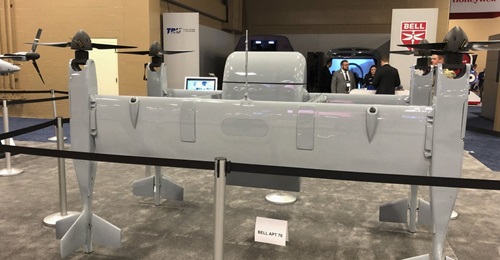 Bell's APT family of aircraft features a bi-wing design that flies nearly horizontally. The APT 70, shown here at the 2019 AAAA Summit, can carry 70 lb of payload.