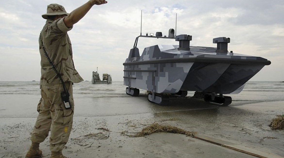 An artist's impression of the Marine Lizard USV during an amphibious landing operation.
