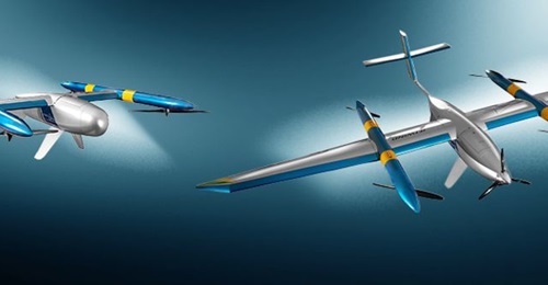 Artist's illustration of Jetwind Brasil Services and Technologies' 3-in-1 quadcopter UAV. The rotors pointing downward protect the rotors from light weather conditions.