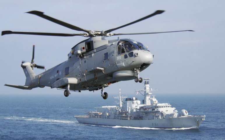 Seen here in UK Royal Navy service, the AW101 has been selected by Poland, primarily in an anti-submarine role but also with a secondary combat search-and-rescue role. (IHS Jane’s/Patrick Allen)