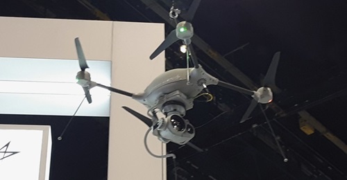 Lockheed Martin's Indago 3 quadcopter UAV, with tether, on display on 30 April at the AUVSI Xponential conference in Chicago.