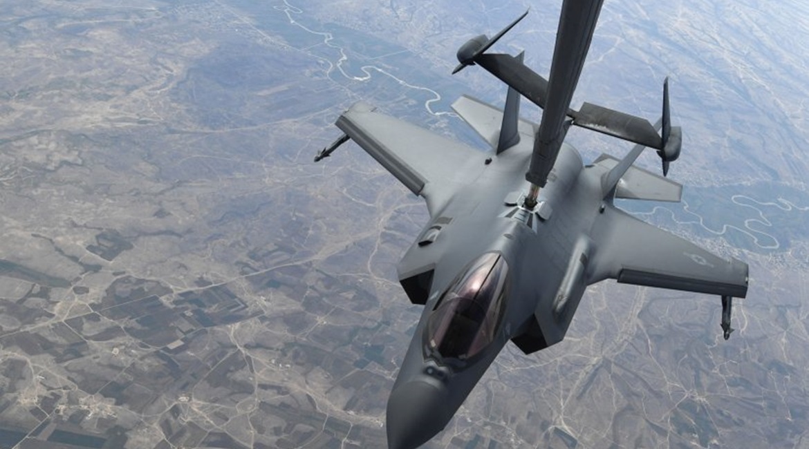 An image released by the USAF of one of  two F-35As enroute to its first combat mission show the aircraft configured for non-stealthy operations, with externally-mounted AIM-9X Sidewinder short-range air-to-air missiles and Luneburg lens radar reflectors.