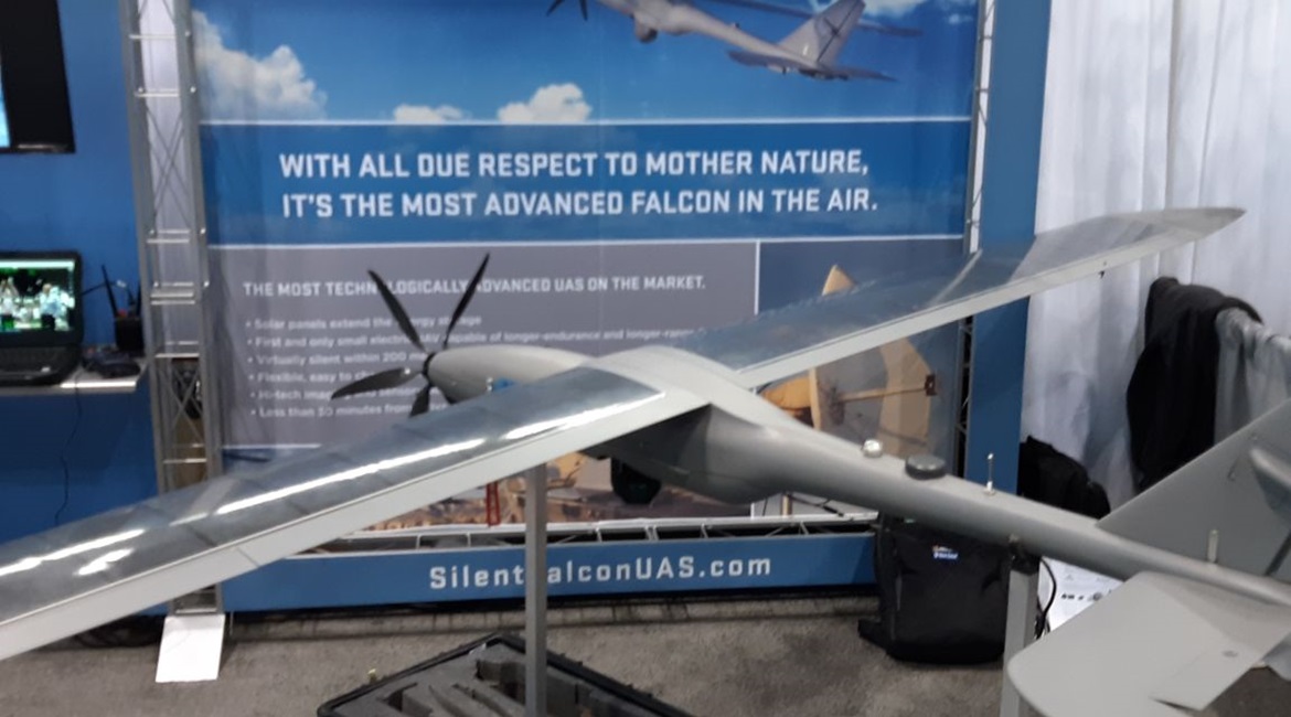 Silent Falcon has been awarded a DARPA contract for its namesake solar electric Group 2 UAV, here pictured on 1 May at the 2019 AUVSI Xponential conference in Chicago.