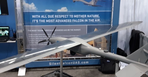 Silent Falcon has been awarded a DARPA contract for its namesake solar electric Group 2 UAV, here pictured on 1 May at the 2019 AUVSI Xponential conference in Chicago.