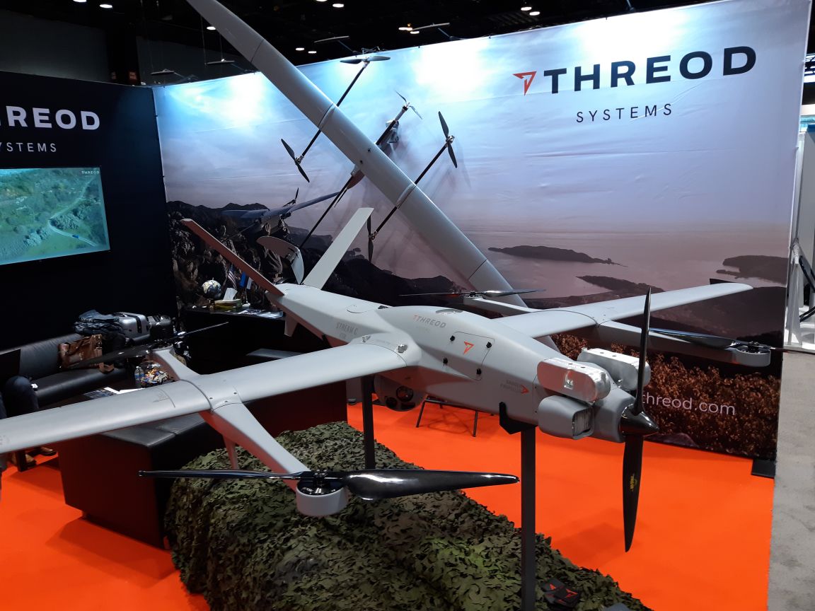 Threod Systems’ Stream C vertical takeoff and landing (VTOL) unmanned aerial vehicle (UAV) has roughly five hours endurance while the fixed-wing version has about six hours. The aircraft was on display on 2 May 2019 at the AUVSI Xponential conference in Chicago. (IHS Markit/Pat Host)