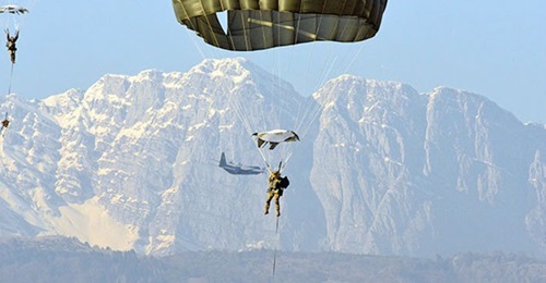 US Army paratroopers descend onto Juliet Drop Zone, Pordenone, Italy, in February 2019. The service is working to include foreign partner and ally input into its modernsation plans and working through some interoperability challenges.
