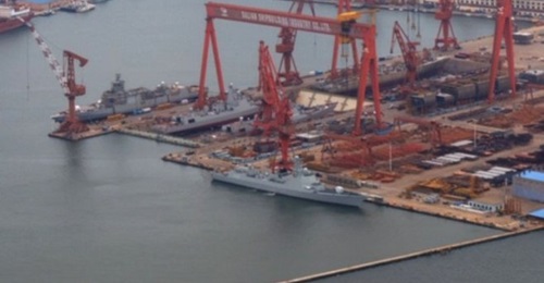 The two most recently launched Type 052Ds are seen here in the dry dock closest to the water a few days prior to launch at Dalian. Also visible, but afloat, are a Type 055 and 052D destroyer launched a few months ago, while at the rear of the dry dock ...