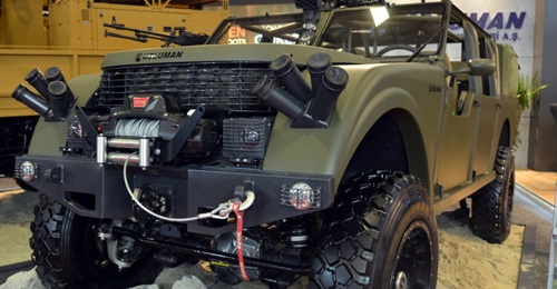 A first example of the LSA4 4×4 light strike vehicle is armed with a roof-mounted 12.7 mm MG, 7.62 mm MG to right of the driver, and electrically operated smoke grenades.