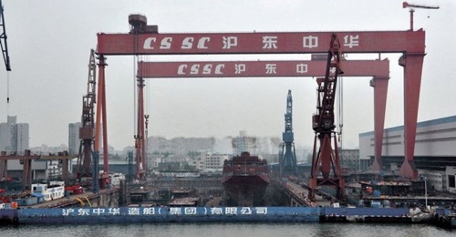 Images show that the hull of an eighth Type 071 LPD for the Chinese navy is at an advanced stage of construction at the Hudong-Zhonghua shipyard in Shanghai.