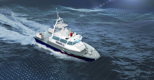 Computer-generated depiction of a Super Swift vessel, shown to 
        
         at the IMDEX 2019 exhibition.