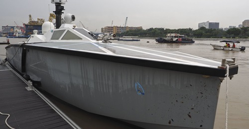 Vigilant IUSV prototype LongRunner berthed prior to a sea trial.