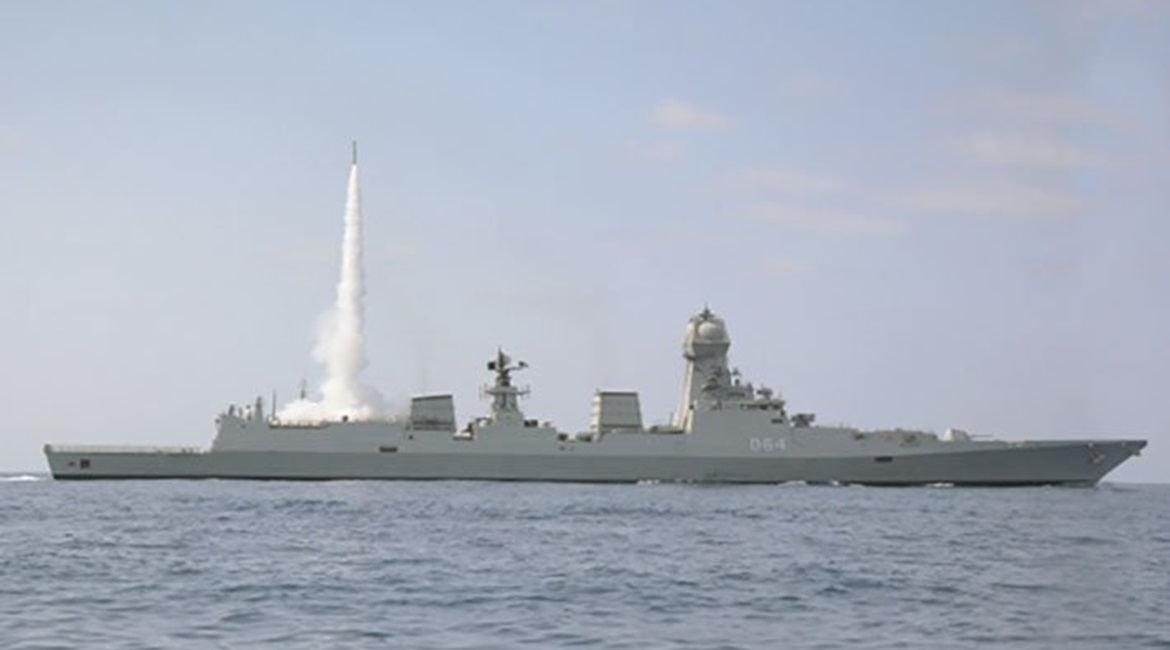 A Barak-8 MRSAM missile being test-fired from Kolkata-class destroyer INS 
        
         (D 64) on 17 May to demonstrate IN's "co-operative engagement firing" capability.