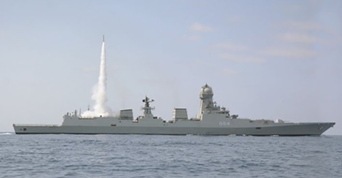 A Barak-8 MRSAM missile being test-fired from Kolkata-class destroyer INS 
        
         (D 64) on 17 May to demonstrate IN's "co-operative engagement firing" capability.