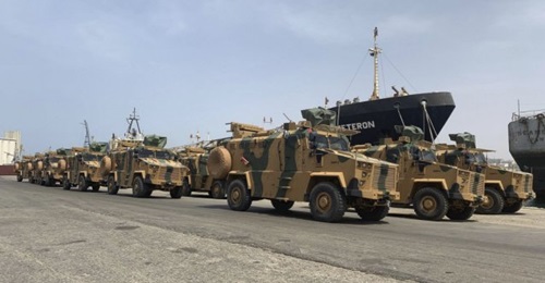 BMC Kirpi II MRAPs are seen after being unloaded at Tripoli's port in Libya on 18 May. The remotely controlled weapon stations are covered up, but are likely to be Aselsan SARPs, while the jamming antennas are folded to the rear.