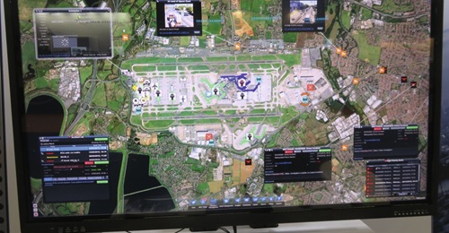 Babcock International's SIGRID5 command-and-control system displayed at the Electronic Warfare Europe 2019 exhibition, showing a hypothetical intrusion at Heathrow Airport.