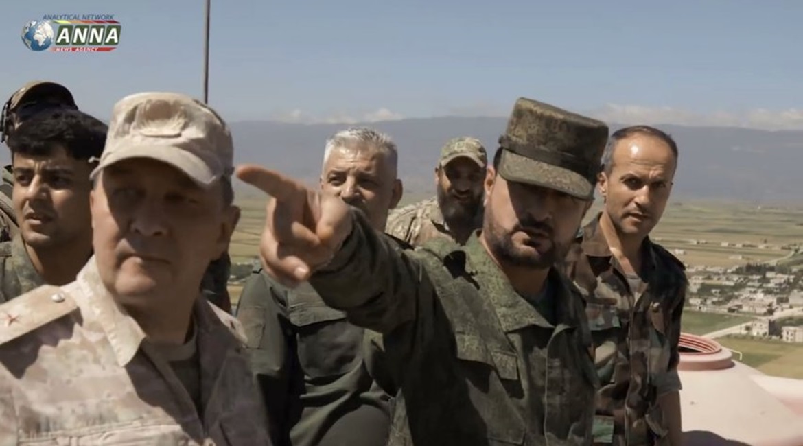 A still from footage released by Russia's ANNA news agency on 20 May shows Syria's General Suheil al-Hassan inspecting the front in northwest Syria with an unidentified Russian major general.