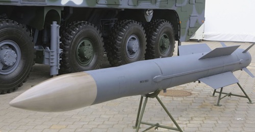 The OKB TSP SP prototype 9M318 interceptor for the BUK family of surface-to-air missile systems, shown at the 2019 MILEX Defence Exhibition in Minsk, Belarus, in May.