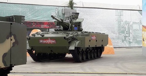 A modified AU-220M armed with a 57 mm cannon on the 2S38 Derivatsiya-PVO SPAAG designed for the dual role of air defence and ground combat.