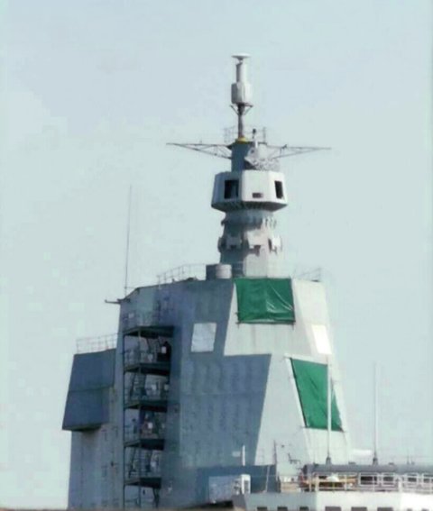 An image of China’s land-based aircraft carrier development facility in Wuhan showing what is likely to be the future configuration of the sensor suite on the island of China’s third aircraft carrier. (Via CJDBY.net)
