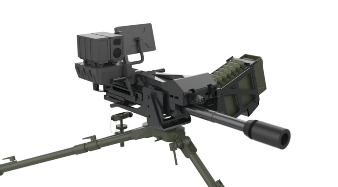 A 40 mm Mk 19 Mod 3 AGL fitted with the Aselsan Atom 40 mm Fire Control Unit (FCU) that enables it to fire the Atom high-velocity air busting munition.
