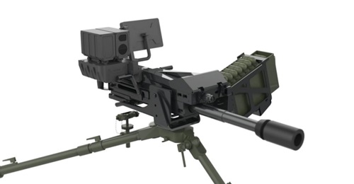 A 40 mm Mk 19 Mod 3 AGL fitted with the Aselsan Atom 40 mm Fire Control Unit (FCU) that enables it to fire the Atom high-velocity air busting munition.