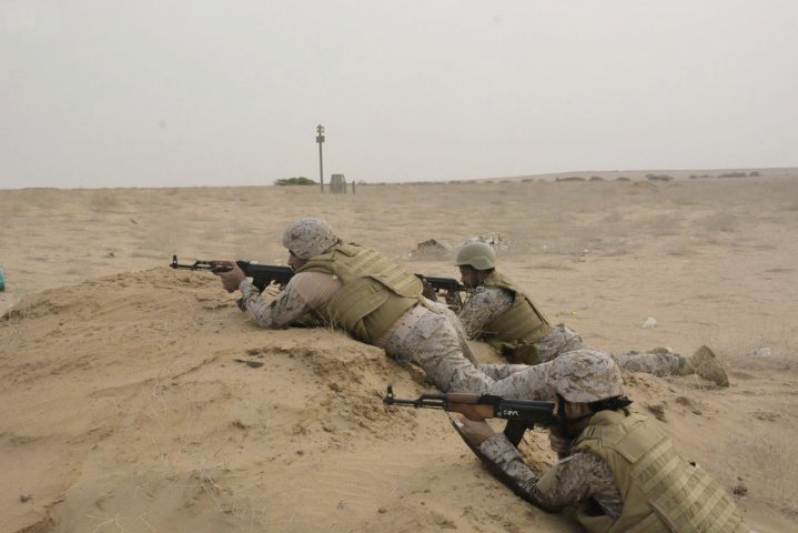 Saudi soldiers from an RSLF mechanised infantry unit are seen carrying Romanian Pistol Mitralieră model 1965 assault rifles. The RSLF also uses locally produced Heckler & Koch G3 and Steyr AUG rifles. (Saudi Press Agency)