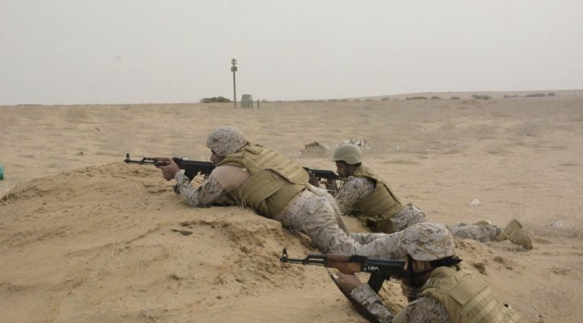 Saudi soldiers from an RSLF mechanised infantry unit are seen carrying Romanian Pistol Mitraliera model 1965 assault rifles. The RSLF also uses locally produced Heckler & Koch G3 and Steyr AUG rifles.