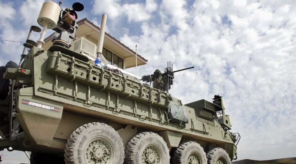 A Stryker with the 5 kW laser, mounted on the vehicle's rear. The US Army has decided to accelerate development of its MMHEL effort that seeks to integrate a 50 kW class laser on the vehicle.