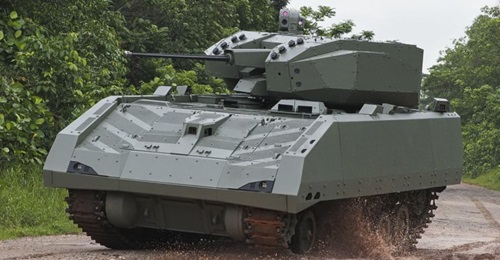 The Singapore Army's new Hunter armoured fighting vehicle seen performing a high-speed manoeuvre during a mobility demonstration.