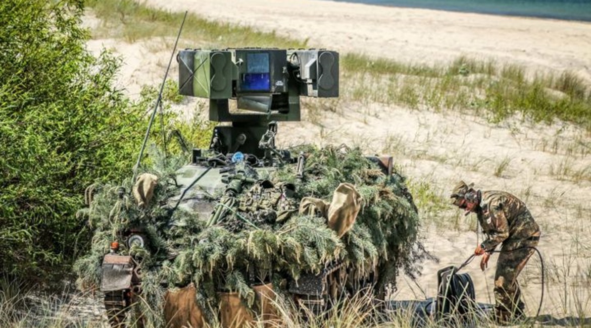 An Aufklärungs-, Führungs- and Feuerleitfahrzeug (reconnaissance, command, and fire control vehicles, AFF) of the third squadron of the Luftwaffe's Flugabwehrraketengruppe (Surface-to-Air Missile Group) 61 during 'Tobruq Legacy 2019' being he...
