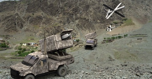 Computer-generated image of UVision's new multi-canister launcher for the Hero-400EC loitering weapon system.