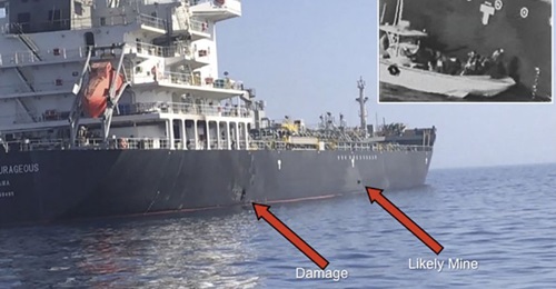 A photograph released by the US Navy shows the suspected limpet mine attached to 
        
        . A still (inset) from the footage released by CENTCOM shows an Iranian-type FIAC in a location that enabled its crew to recover the object.
