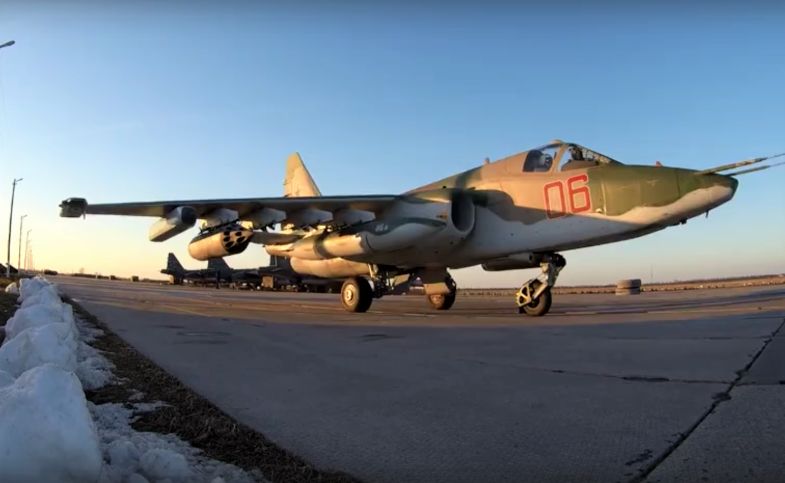 The Russian MoD is upgrading its fleet of Sukhoi Su-25 CAS aircraft to the Su-25SM3 standard, like the one pictured preparing for take-off at the Russian air force base in Krasnodar Krai in the Southern Military District with an L-370-3S radar jamming pod clearly visible on the outermost wing hardpoint. (Russian MoD)