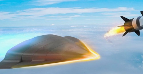 Artist's rendering of prospective Raytheon hypersonic weapons solutions including boost-glide (left) and scramjet powered air-breathing (right foreground) hypersonic weapons concepts.