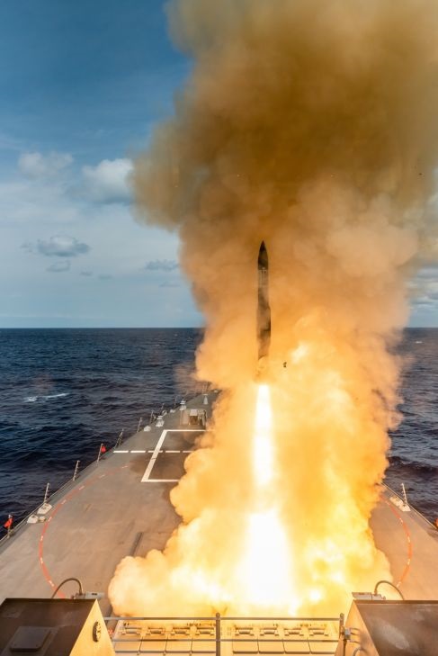 The guided missile destroyer USS 
        
         (DDG 116) fires an SM-2 missile to test the Aegis virtual twin system.