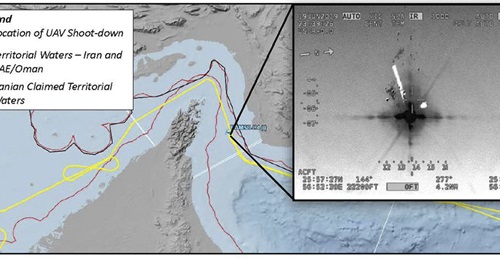 An image released by US Central Command (CENTCOM) appears to show the location and altitude of the RQ-4A immediately before it was hit by an Iranian surface-to-air missile in international airspace.