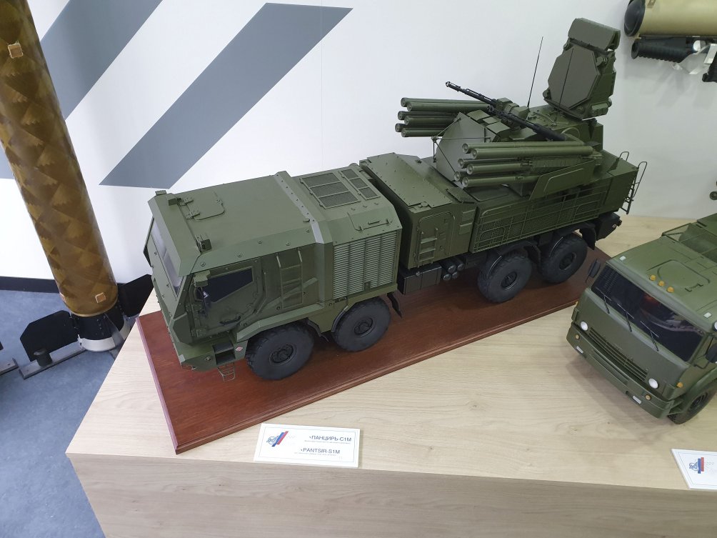A scale model of the proposed Pantsir-S1M, featuring a new platform, the adoption of the Pantsir-ME engagement radar, and enhancements to electronics and software. (Mark Cazalet)