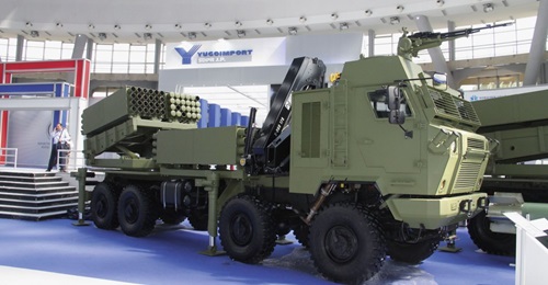The latest Serbian 267 mm/122 mm modular multiple rocket launcher is based on an 8x8 chassis.