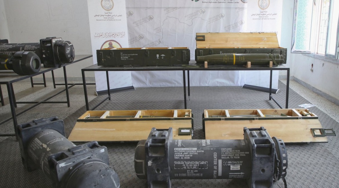 Four Norinco GP6 155 mm laser-guided artillery projectiles, three containers for Javelin missiles, and a Javelin launch tube are seen displayed in Tripoli on 29 June by Operation Burkan al-Ghadab, the co-ordinating body for GNA-aligned forces.
