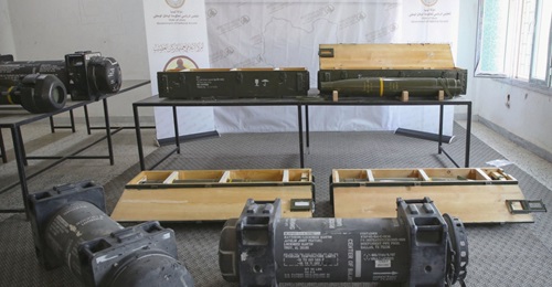 Four Norinco GP6 155 mm laser-guided artillery projectiles, three containers for Javelin missiles, and a Javelin launch tube are seen displayed in Tripoli on 29 June by Operation Burkan al-Ghadab, the co-ordinating body for GNA-aligned forces.