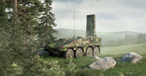 Artist's impression of Saab ARTHUR WLR integrated into an ARTEC Boxer 8x8 platform, with the antenna in raised position.