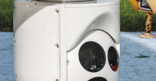 The standard FV300 gyrostabilised turret seen on a commercial Bell 407 helicopter. The turret has been selected to form the basis of a new sensor pod for the FAA's in-development Vigía 2B UAV.
