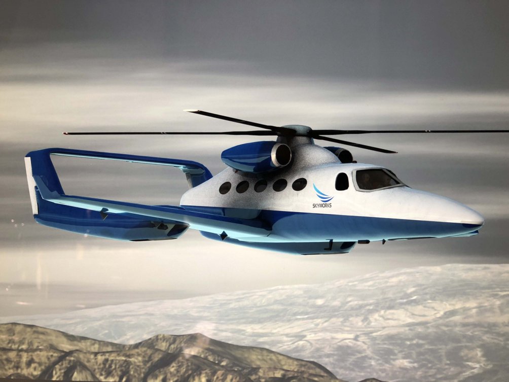 Artist's illustration of the VertiJet to be developed by Skyworks Global and Scaled Composites. Notice the small tip-jets at the end of the rotor blades. (Skyworks Global)